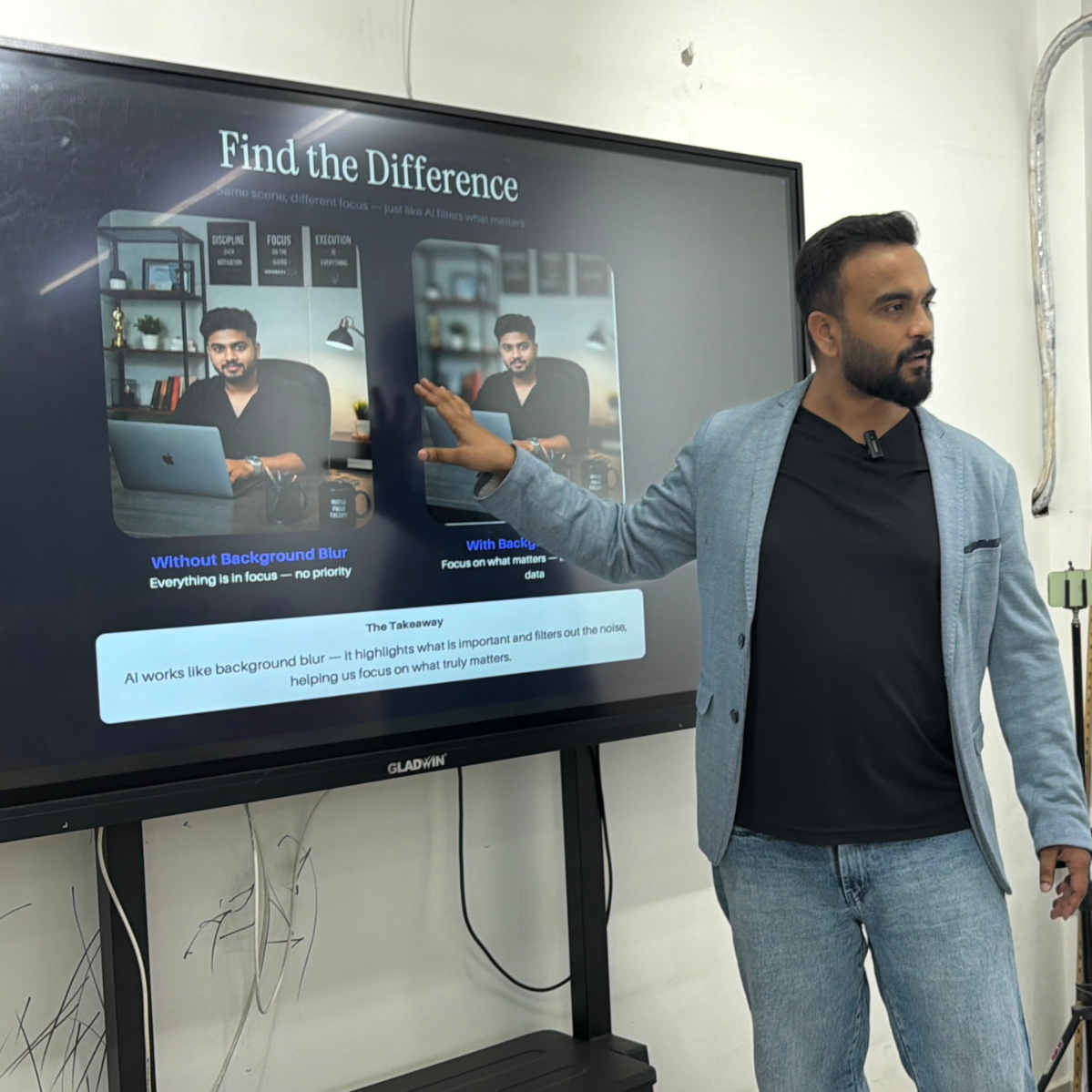 Sachin Arora running a live AI demonstration on screen at Education Beast institute