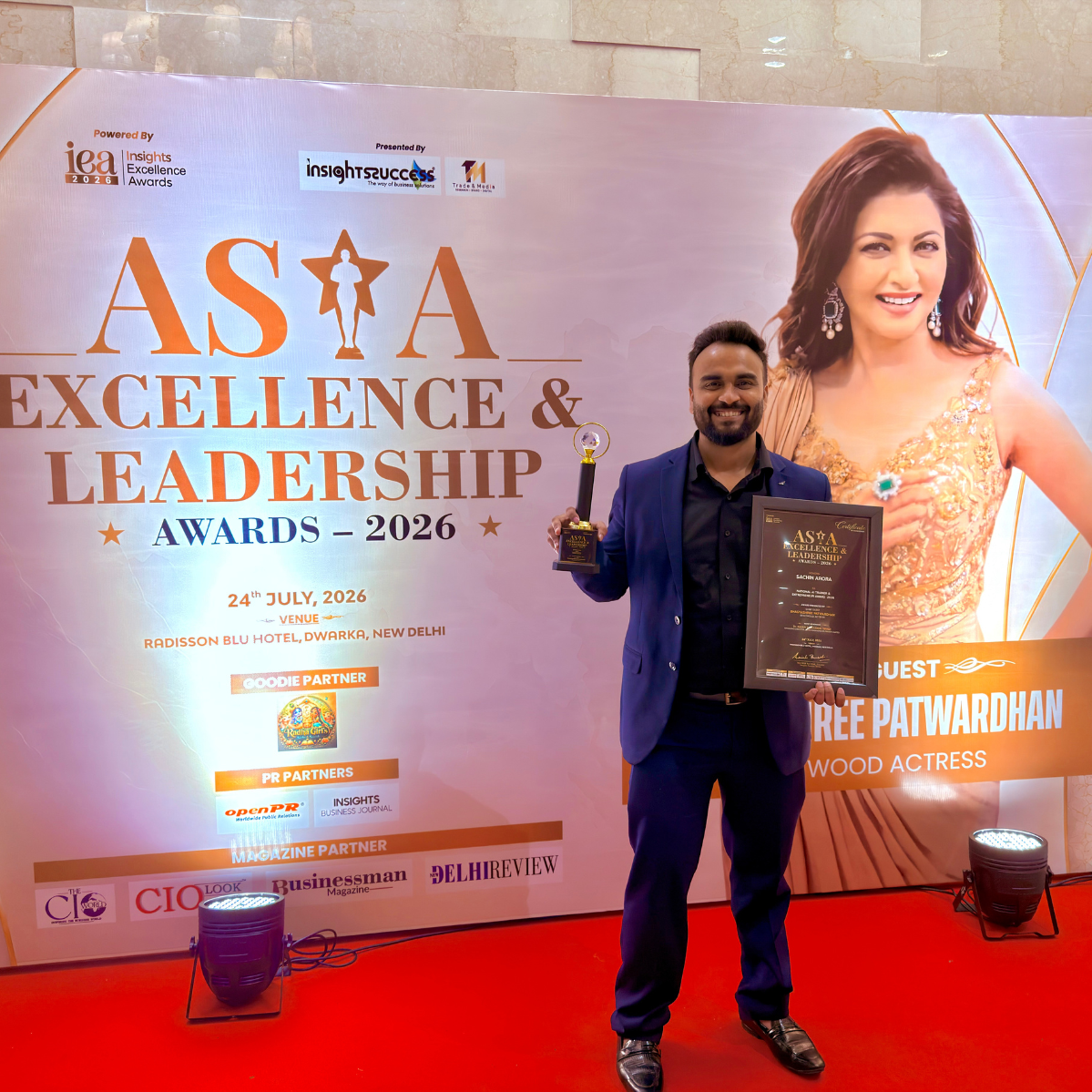 Asia Excellence & Leadership Awards 2026 — Sachin Arora Sachin Arora holding his National AI Trainer trophy at the Asia Excellence & Leadership Awards 2026